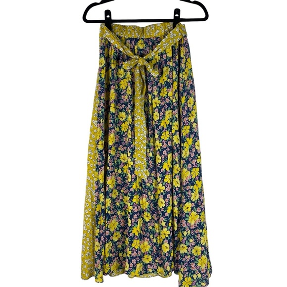 NEW Melloday Faux Wrap Mixed Floral Print Maxi Skirt Small Yellow Blue Tie Back - Picture 4 of 10